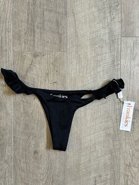 Frankie's Bikinis Ali Skimpy Black Ruffle-Side Thong Swim Bottom Size Small
